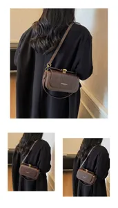 Detail view of the stylish dark brown leather shoulder bag featuring woven front flap design.