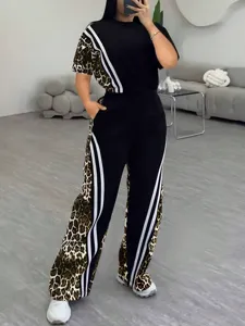 Casual leopard print short sleeve t-shirt and high waist straight leg pants two-piece set.