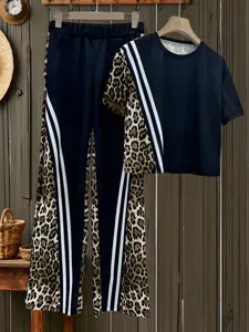 Detailed view of the casual leopard print two-piece outfit featuring stylish side stripes.