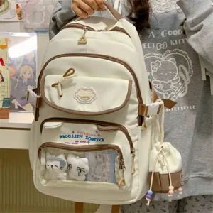 Süßer Color-Block Ita Rucksack mit Sichtfenster und Plüschanhängern für Mädchen.