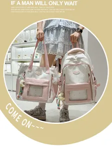 Rosa weiße Sternmuster Schulrucksack und Tote Bag Set Detail mit praktischen Fächern.