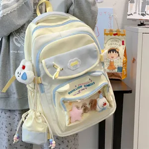 Pastellfarbener Colorblock Schulrucksack mit klarer Fronttasche, süßer Anime Buchtasche.