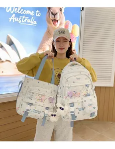 Süßes Candy Farbblock Schulrucksack Set mit großer Kapazität und transparenter Vordertasche.