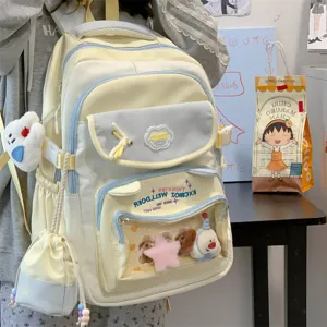 Süßer kontrastfarbener Studenten Ita Rucksack mit durchsichtiger Tasche und mehreren Fächern.