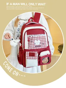 Niedlicher koreanischer Preppy-Rucksack mit rot-weisses Karomuster, süße Schultasche.