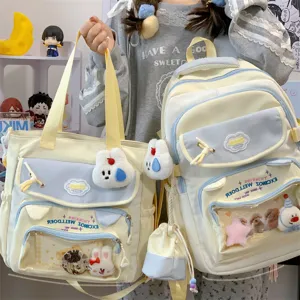 Collegestil Kontrastfarbe Rucksack Set mit transparenter Tasche und süßen Plüsch-Anhängern.