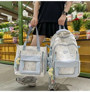 Blaues Sternen Canvas Rucksack und Tote Bag Set mit transparentem Fach fuer Schueler.