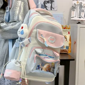Süßer Farbblock Schulrucksack Set mit klarem Sichtfenster und kleinem Beutel für Mädchen.