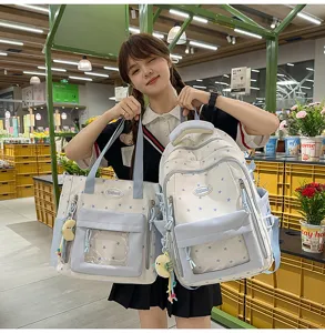 Blauer Schulrucksack und Shopper Set mit Sternenmuster und transparenter Tasche für Schüler.