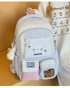 Süßer koreanischer Studentenrucksack mit Karomuster, Spitze und Bärenanhänger für Schule.