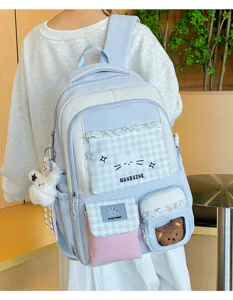 Hübscher koreanischer Schulrucksack für Mädchen, süßer karierter Rucksack mit Katzendesign.