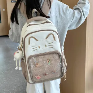 Japanischer Schulstil Ita Tasche Süße Katzenohren Rucksack Große Kapazität Nylon Polyester Transparentes Fach Mädchen Schultasche