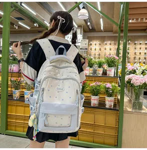 Detailansicht eines hellblauen Rucksacks mit Sternenmuster und mehreren Fächern.