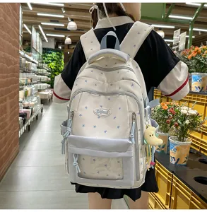 Süßer blauer Rucksack mit Sternenmustern, mehreren Fächern und transparenter Tasche für Schüler.