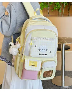 Niedlicher koreanischer Dopamin-Schülerrucksack mit Katzenstickerei und Taschen für Alltag