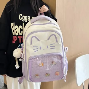 Süßer Katzen Ita Rucksack mit transparenter Fronttasche, große Schultasche für Mädchen.