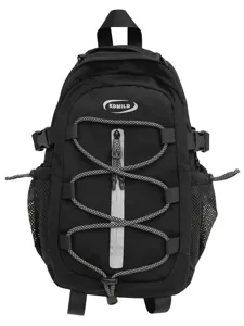 Black casual canvas backpack with bungee cord and mesh pockets for outdoor travel.