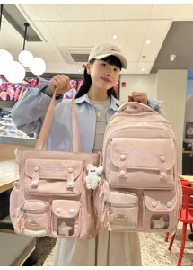 Süßes rosa Studenten Rucksack und Tragetasche Set Detailansicht mit vielen Fächern Bär.