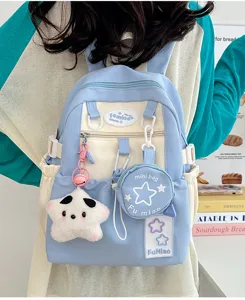 Zaino giapponese carino azzurro pastello bianco con ciondolo a stella per ragazze dolci.