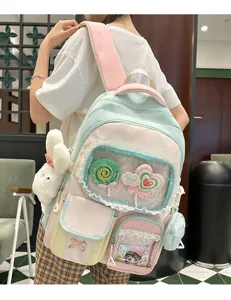 Süßer, farbblockierender Studentenrucksack mit Klarsichtfenster und Hasenplüsch.
