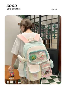 Süßer Dopamin-Schulrucksack im Colorblock-Stil mit Klarsichttasche und Plüsch-Anhängern für Mädchen.