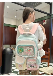 Süßer pastellfarbener Colorblock Schulrucksack mit transparenter Tasche und Anhängern für Mädchen.