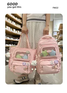 Rosa süßer Stil transparente Fenster Abzeichen Ita Rucksack und Tragetasche Set mit Plüschanhängern.