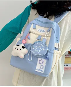 Grazioso zaino giapponese azzurro bianco con ciondolo stella peluche e mini borsetta dettaglio