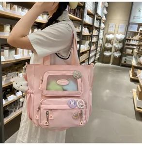 Süße rosa Canvas Tragetasche mit Sichtfenster Pain Bag Mehrzweck Umhängetasche für Damen Alltag