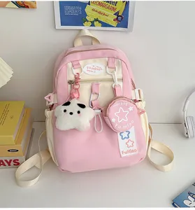 Zaino rosa con stella carino per donna, borsa scolastica casual dolce con piccola tasca e peluche.