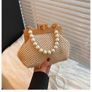 Sommer Strand Perlen geflochtene Handtasche mit Holzrahmen elegante Perlen Damen Tasche.