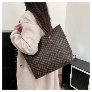 Women large capacity tote bag commuter shoulder bag vintage brown monogram design style