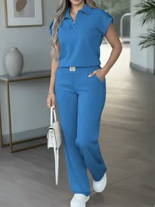Women casual two piece set solid short sleeve polo top and straight leg drape trousers