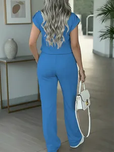 Detailed view of women casual solid color two piece set with short sleeve top and straight pants.