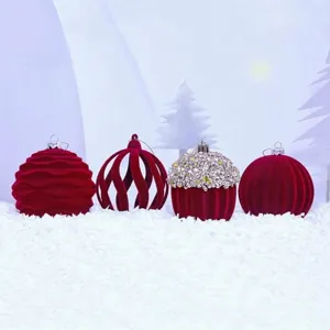 Set de bolas de Navidad flocado de terciopelo burdeos, elegante decoración colgante de árbol.