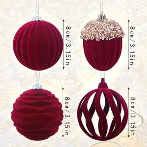 Juego de bolas de navidad de terciopelo rojo, adornos flocados de 8 cm para el árbol.
