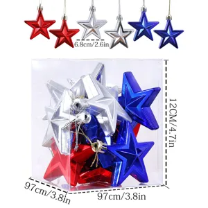 Red silver blue plastic star hanging ornaments set for Christmas party and holiday decor.