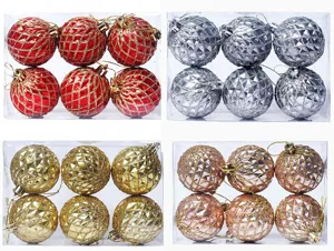 Detailed view of 6cm plastic Christmas ball pendants in four colors with glitter mesh design.