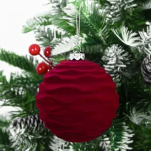 Bola de Navidad de terciopelo flocado burdeos, decoración colgante suave para árbol.