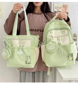 Detailansicht des niedlichen hellgrünen Rucksacks und Shopper-Sets mit Münztäschchen.