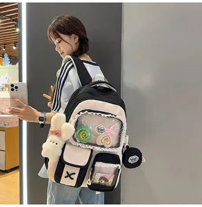 Niedlicher kontrastfarbener Schulrucksack für Schüler, lässiger Tagesrucksack mit durchsichtigem Fach.
