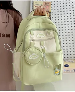 Süßer hellgrüner Damen Rucksack Set mit kleiner Münztasche und süßem Sternfenster für Mädchen.