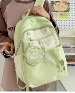 Hellgrüner Canvas Studenten Rucksack mit Mini-Tasche und klarem Sichtfenster für den Alltag.