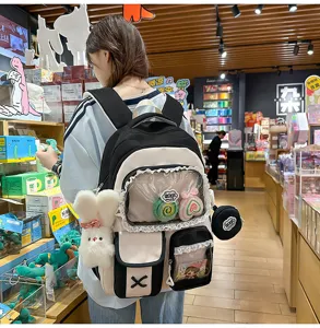 Süßer Schüler Rucksack Kontrastfarbe Schultasche mit transparenter Tasche und Anhänger