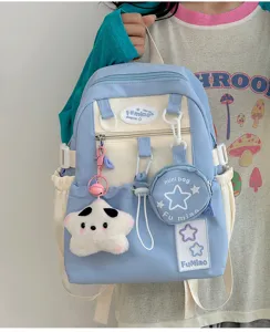 Zaino azzurro in stile giapponese carino con ciondolo a stella, borsa da scuola casual in tela.