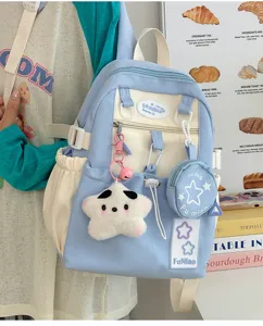 Zaino in tela stile giapponese carino azzurro estetico grazioso stella peluche borsa