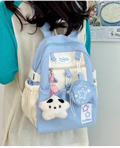 Zaino giapponese carino blu e bianco con ciondolo a stella, borsa casual dolce e fresca.