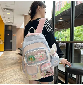 Süßer Dopamin-Farbblock-Rucksack mit mehreren Fächern, Schüler-Schultasche mit transparenter Tasche
