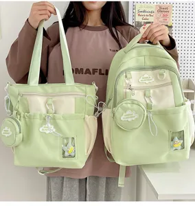 Niedlicher grüner Canvas Rucksack und Tragetasche Set für Frauen, Freizeitschultasche.