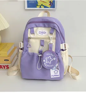 Zaino viola in stile giapponese carino con toppe a stella e borsellino, borsa scolastica dolce.